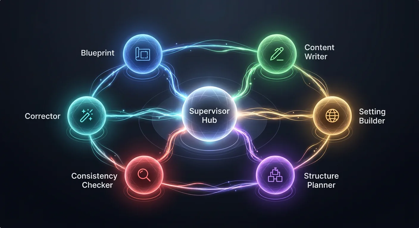 马良写作多智能体协作系统架构图：展示主管Agent如何协调蓝图、生成、设定、一致性、纠错、结构等智能体协同工作
