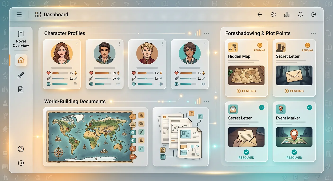 世界观设定管理界面截图：展示设定条目的分类管理和详细编辑界面