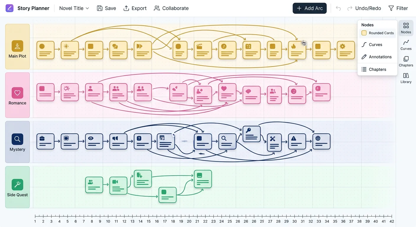 故事画布界面截图：展示多条故事线的可视化编排和伏笔管理