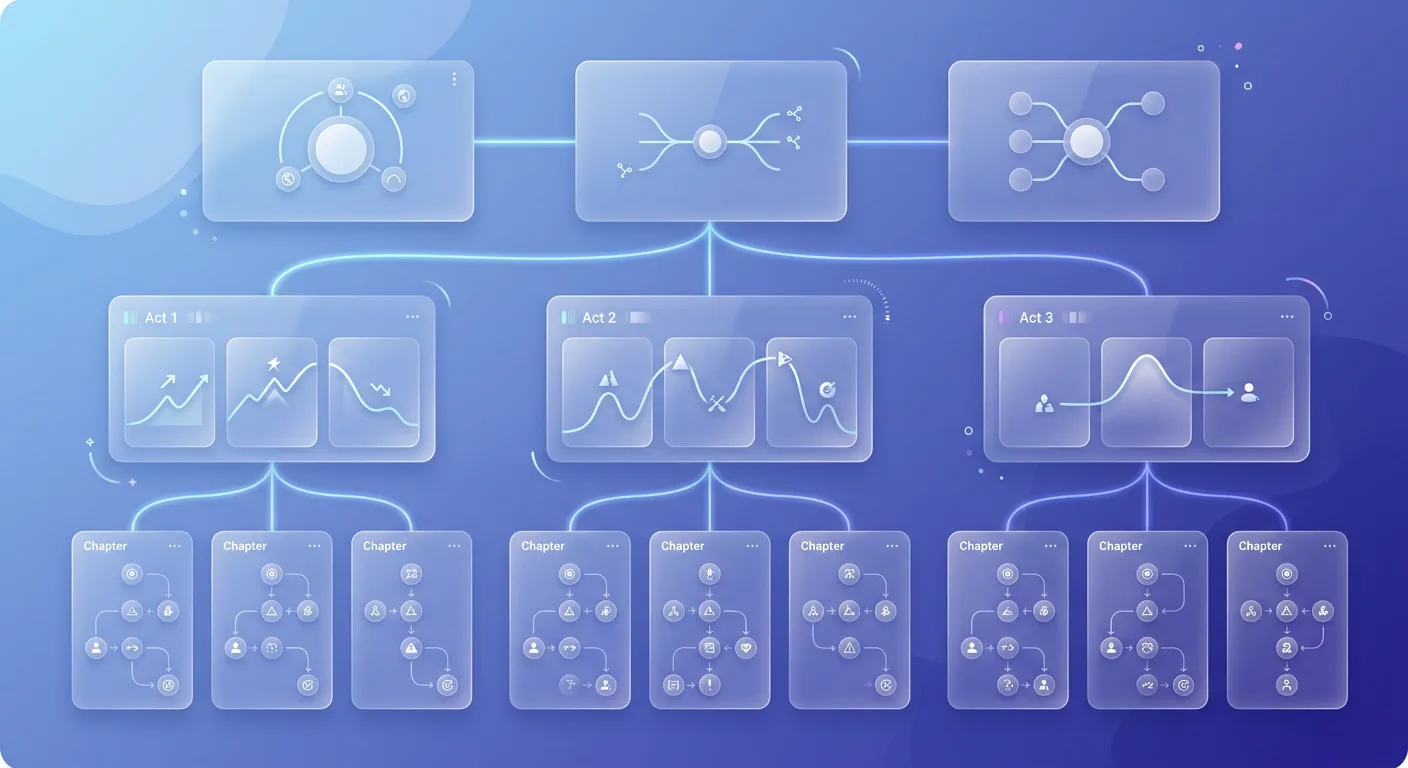 三级大纲体系界面截图：展示小说总纲、卷纲和章节蓝图三层结构的规划界面